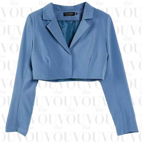 Japanese Hip-Length Cropped Blazers fashion trends - In The Style x Yasmin Chanel cropped blue blazer