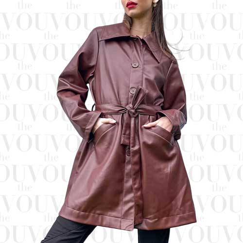 Monki Rori brown patent leather belted jacket