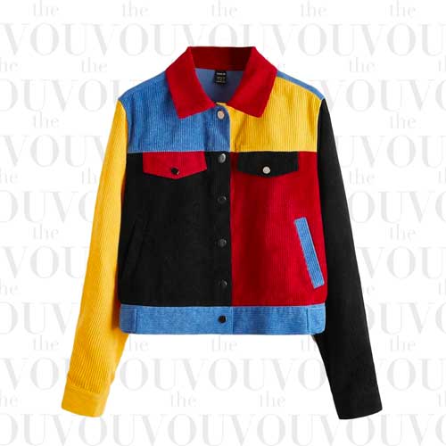 Color block slant pockets corduroy jacket