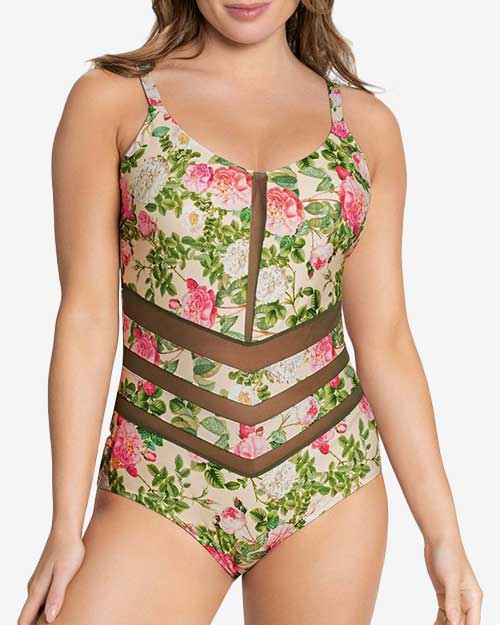 Leonisa One-Piece Mesh Floral Slimming Swimsuit