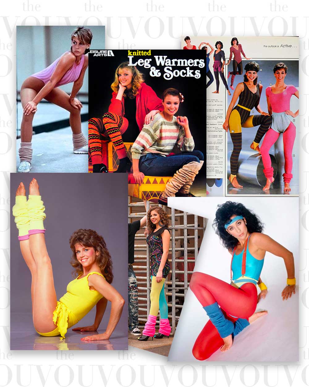 80s fashion leg warmers, leggings, and aerobic