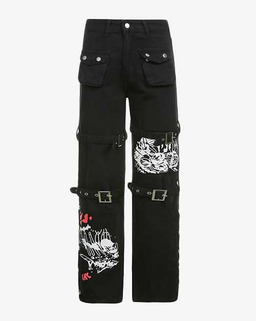 Buckle Strap Printed Jeans