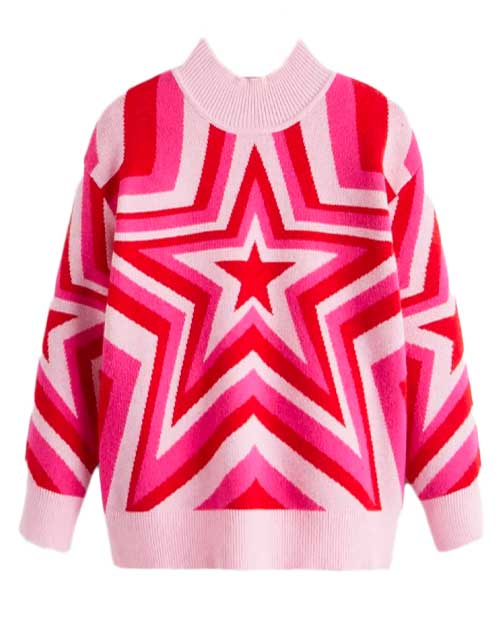 Mock Neck Star Pattern Drop Shoulder Sweater