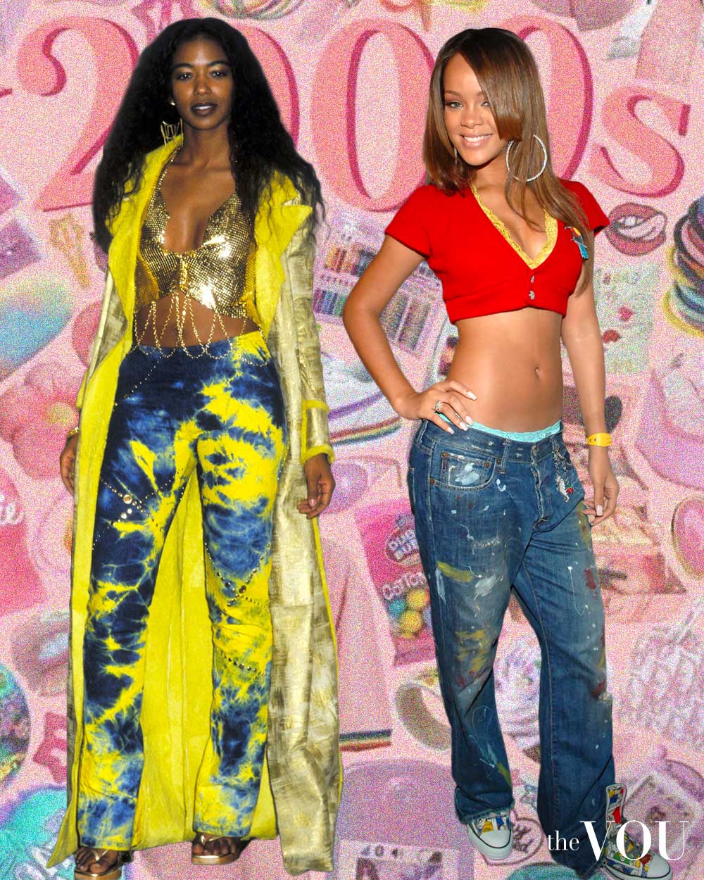 Rihanna and Ananda Lewis wearing painted jeans in 2000s fashion