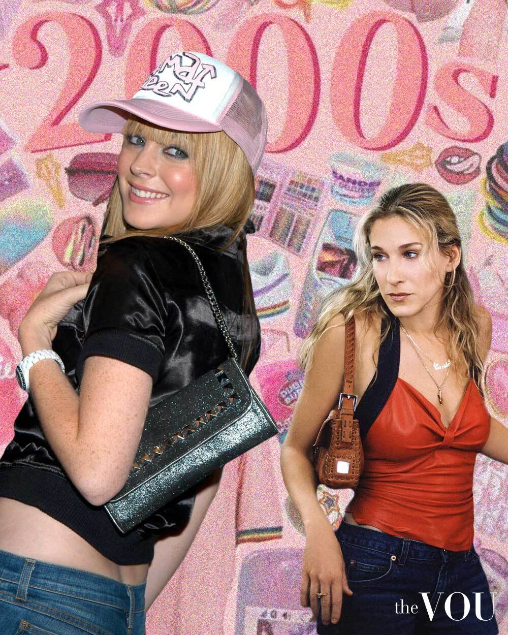 Lindsay Lohan & Carrie Bradshaw wearing baguette shoulder bags in 2000s fashion