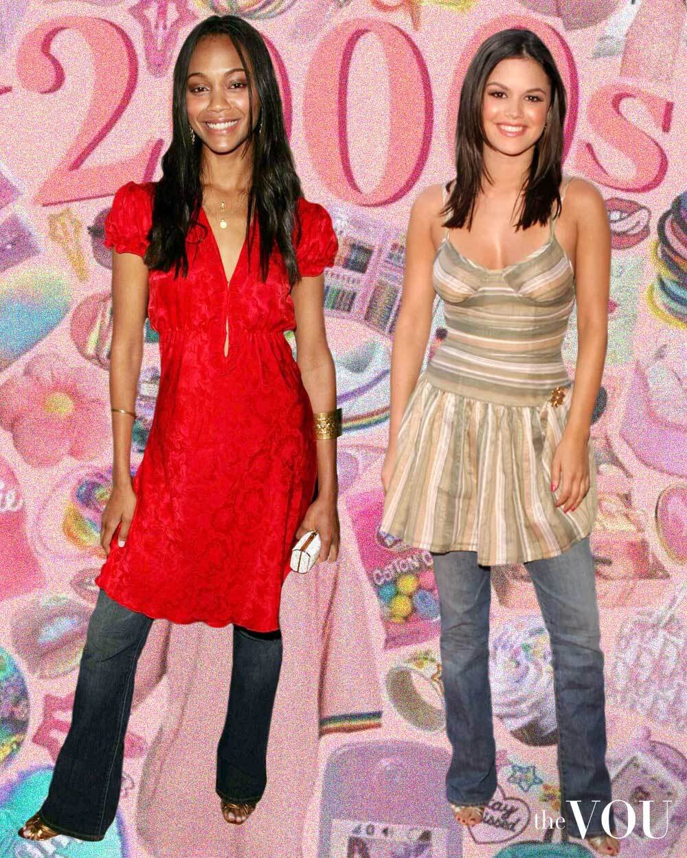 Zoey Saldana & Rachel Bilson wearing a dress over jeans in 2000s fashion