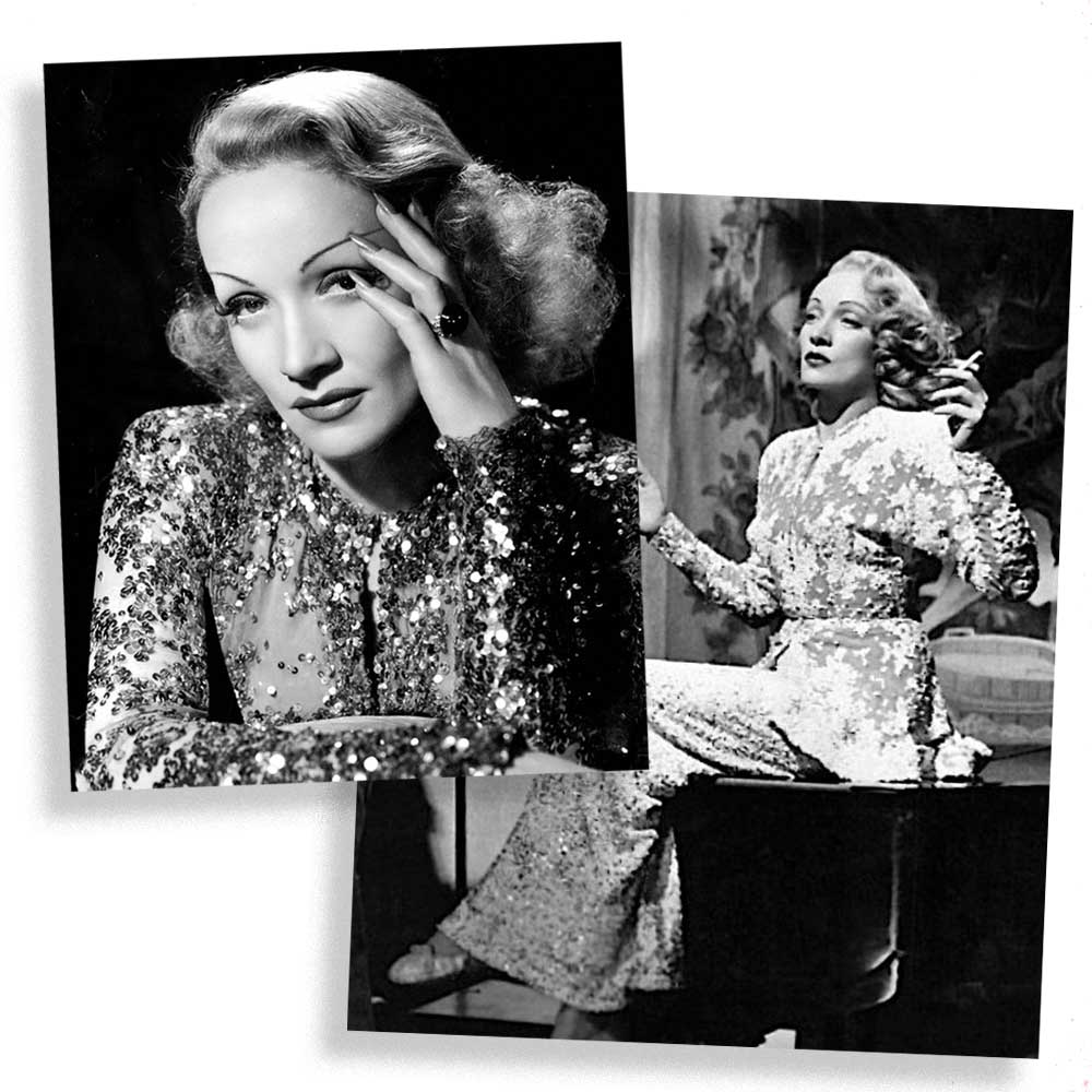 Marlene Dietrich wearing sequins in the 1940s fashion