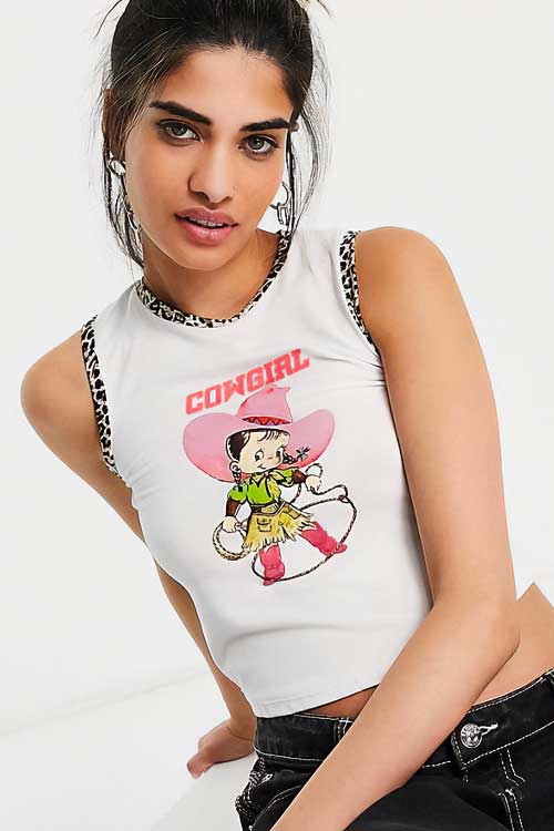 O Mighty Y2K tank crop top with cow girl print and leopard trim