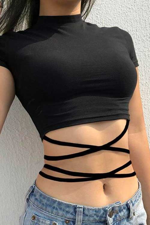 Black E Girl Aesthetic Lace Up Waist Cropped Top