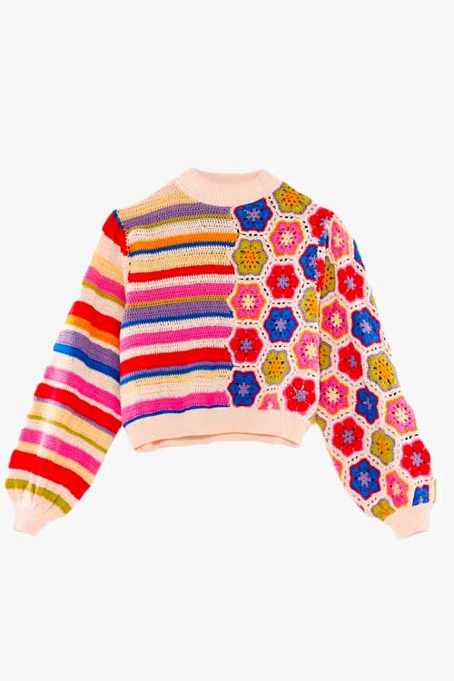 FarmRio Rainbow Crochet Squares Sweater