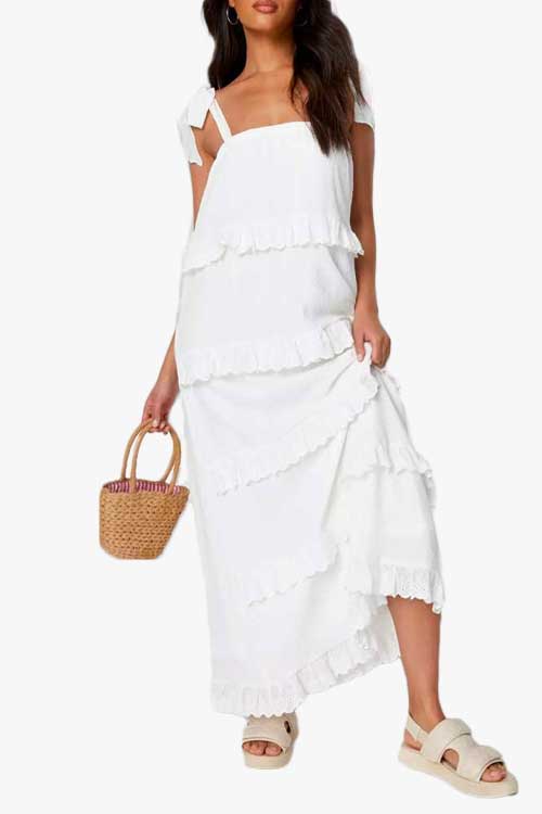 White Crinkle Cami Ruffled Maxi Dress