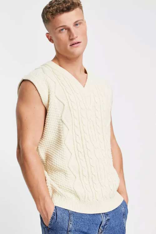 ASOS DESIGN oversized heavyweight cable knit v-neck tank in ecru