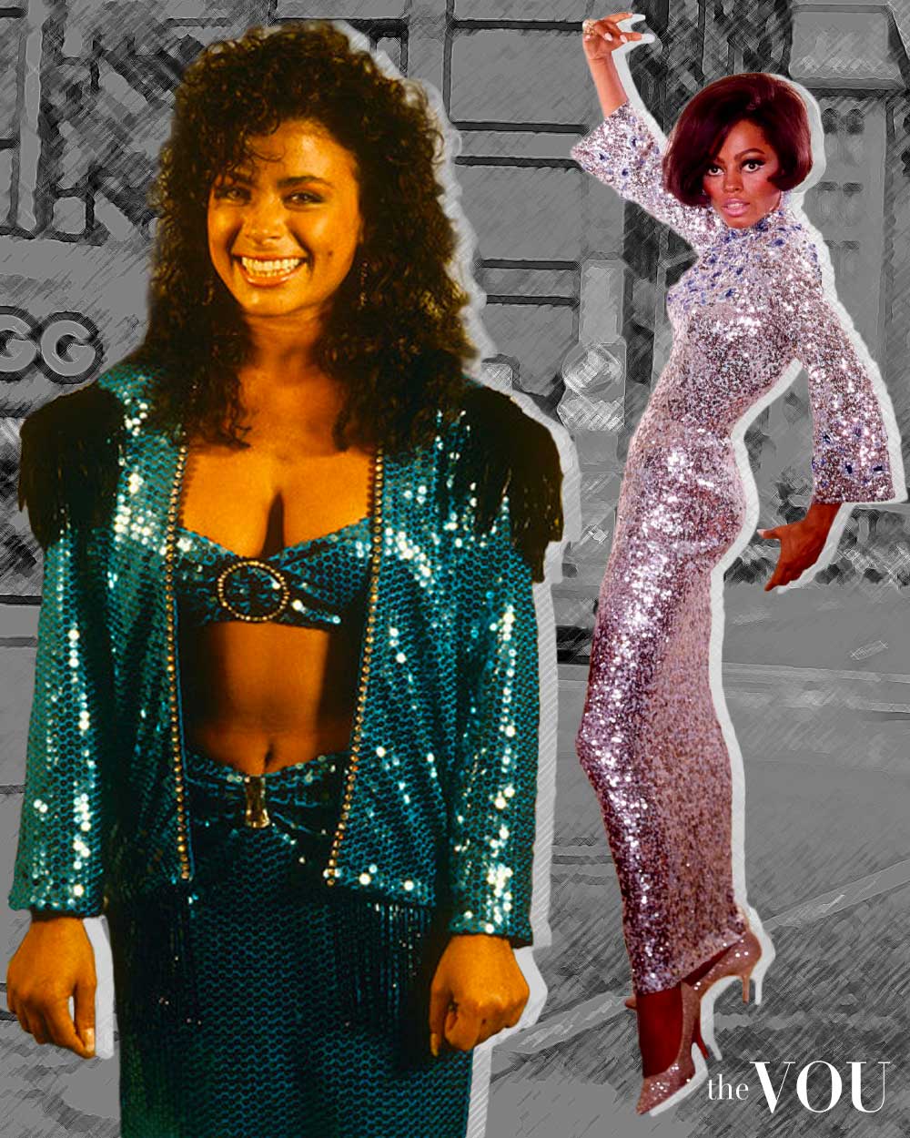 Diana Ross and Paula Abdul wearing sequins in 80s fashion 
