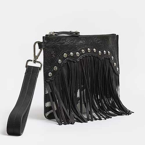Black Leather Fringe Clutch Bag