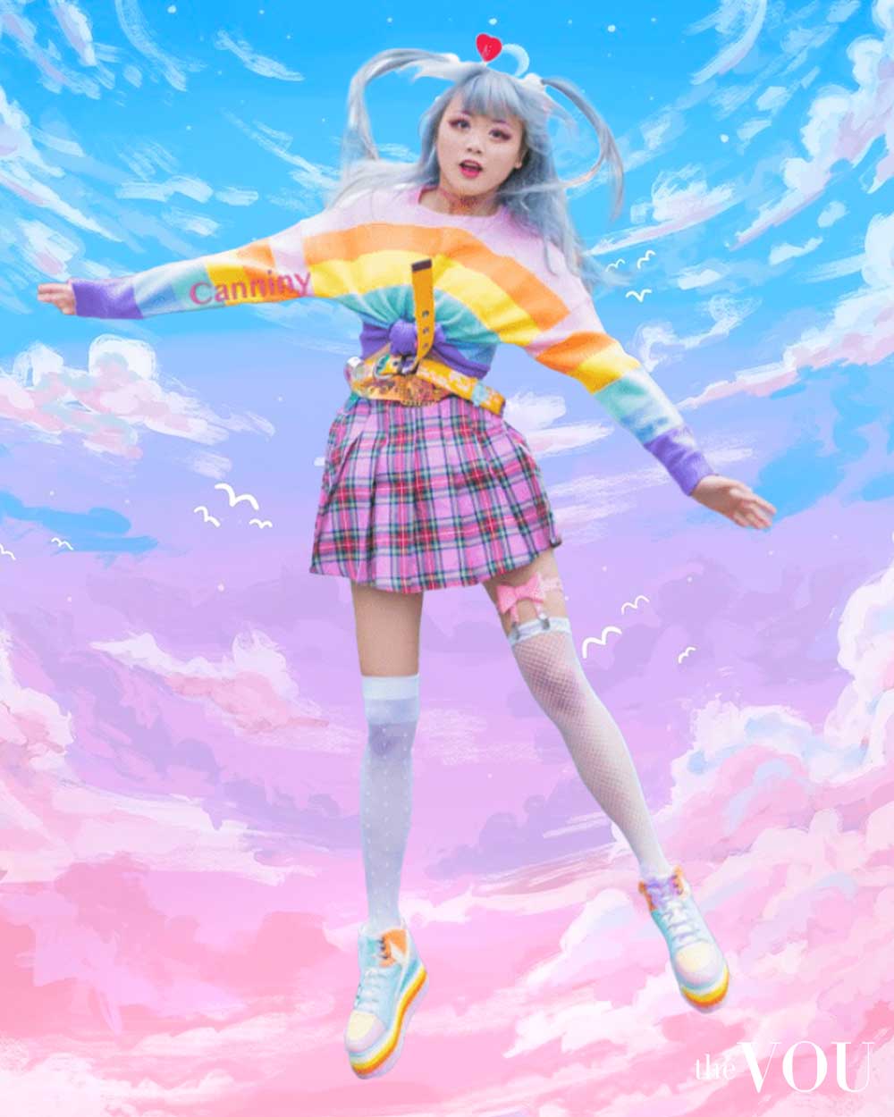 Candy Clouds Dreamcore Sweater, Pink Pleated Mini Skirts, and Rainbow Platforms