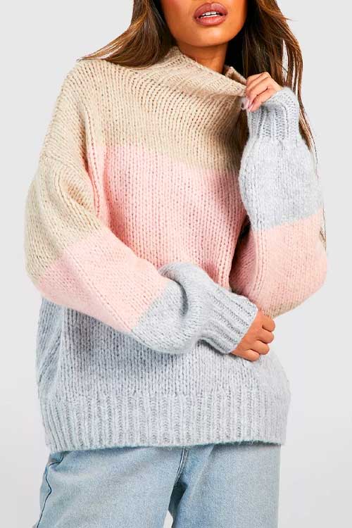 STRIPE COLOR BLOCK KNITTED SWEATER