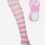 Pink Striped Cat Paw Over The Knee Socks