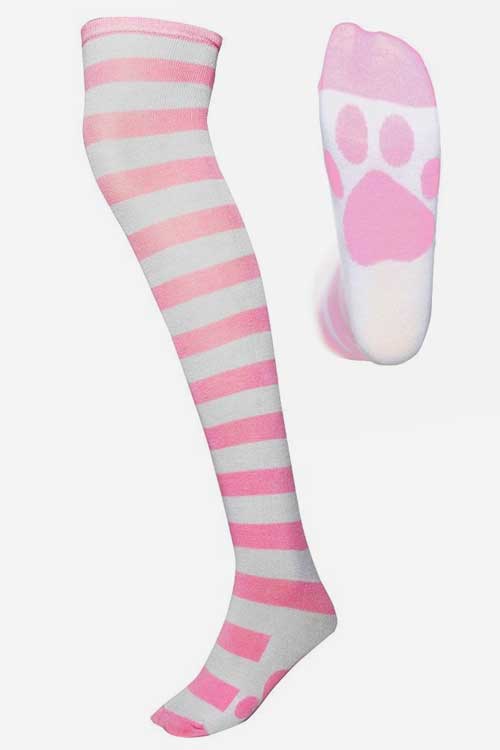Pink Striped Cat Paw Over The Knee Socks
