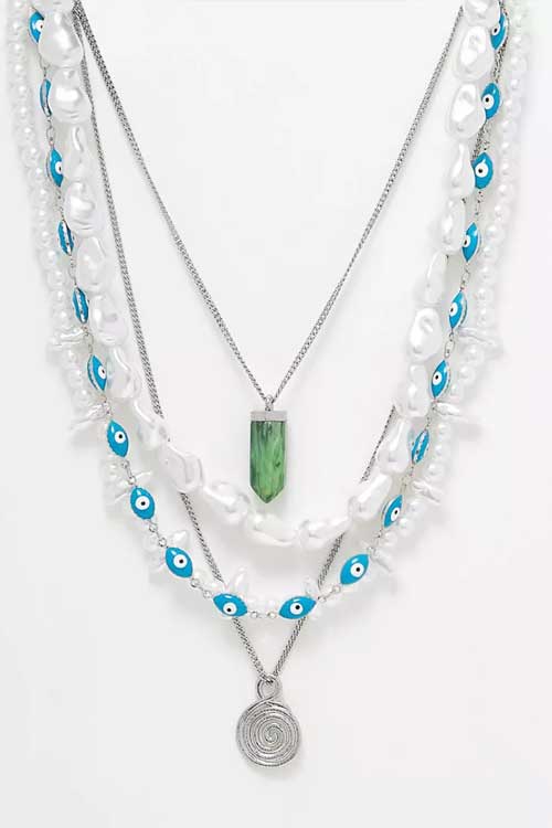 ASOS DESIGN 4 pack of layered necklaces with chunky faux freshwater pearls and evil eye beads
