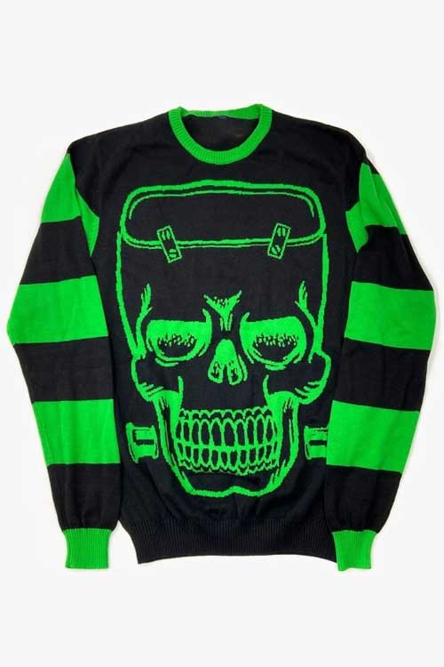 Franken Skull Green Striped Sweater