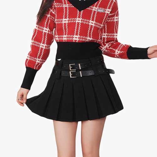 Schoolgirl Aesthetic Double Belt Pleated Skirt