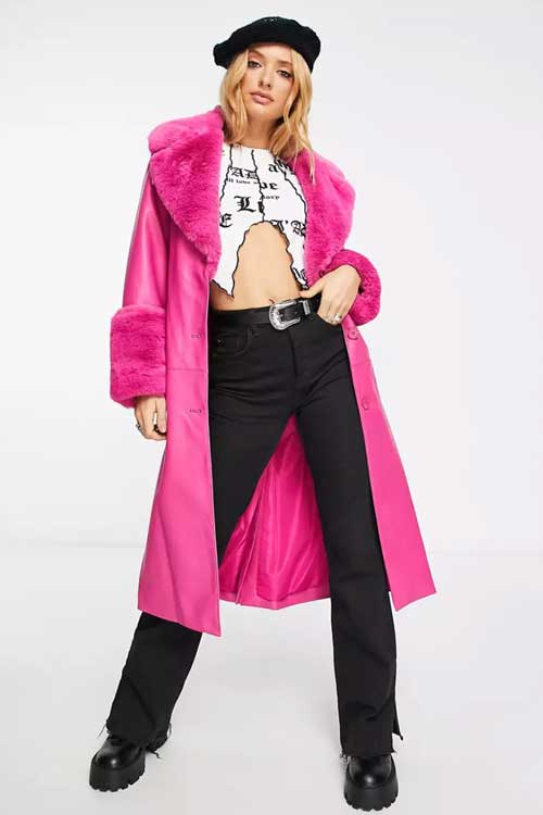 Bershka Fur Trim Tie Front Coat In Pink