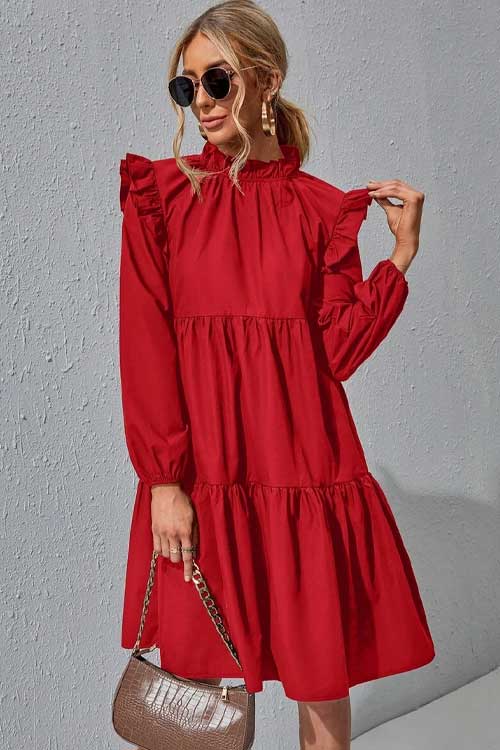 Ruffle Trim Ruched Front Smock Dress