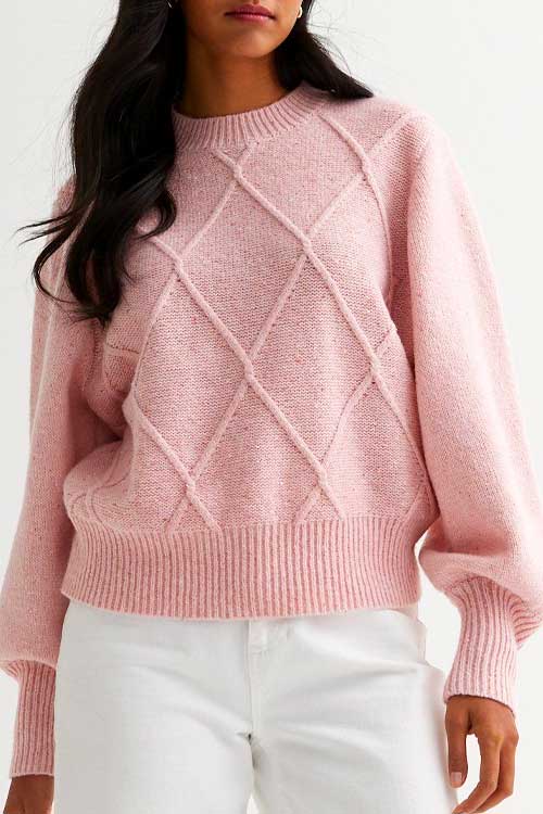 Pink Cable Knit Balloon Sleeve Jumper