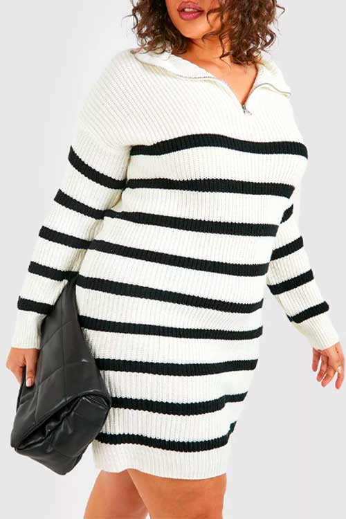 Plus Half Zip Striped Sweater Dress