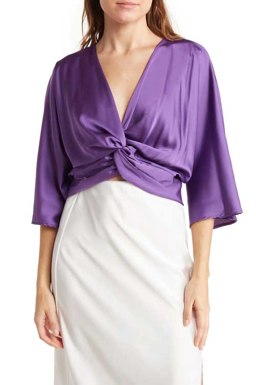 Plunge Neck Twisted Knot Satin Top