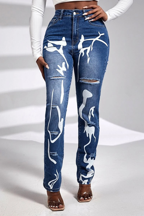  Graphic Print Ripped Straight Leg Jeans
