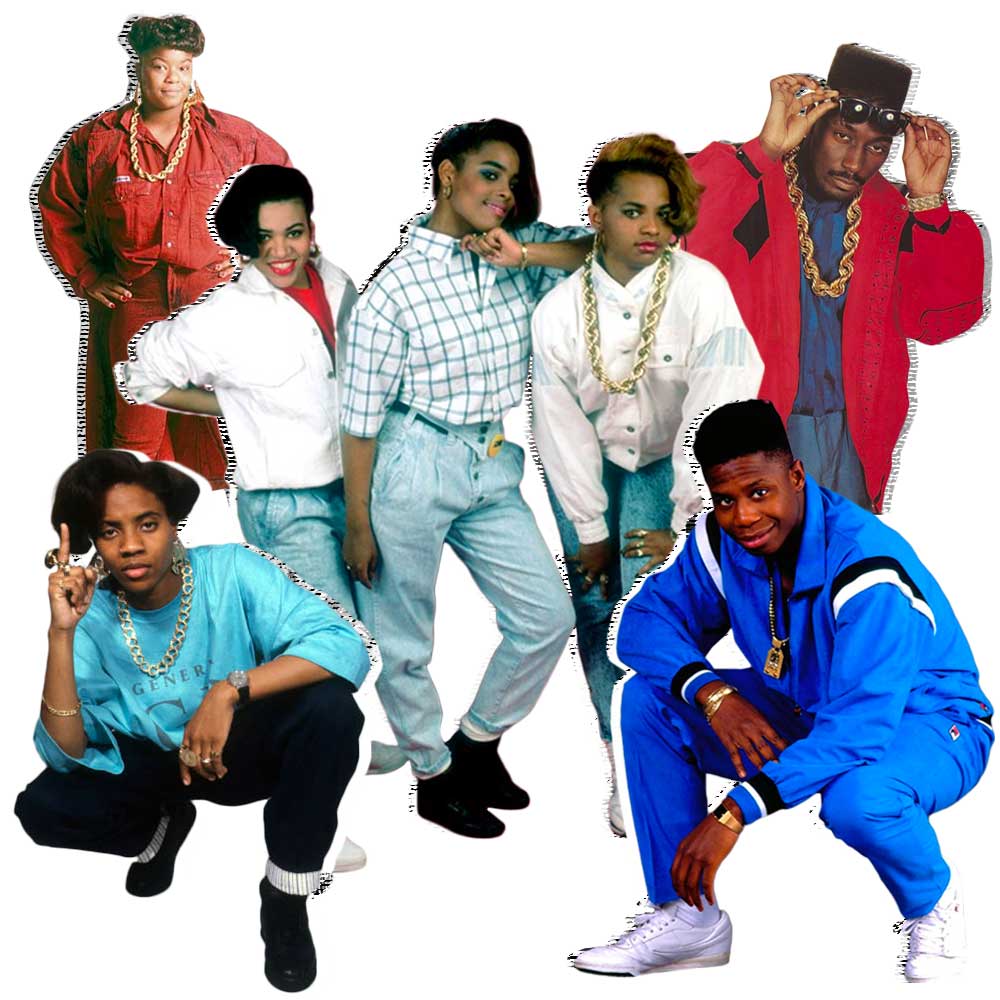 Salt N Pepa, Roxanne Shante, MC Lyte, Big Daddy Kane, and Doug E. Fresh late 80s hip hop fashion