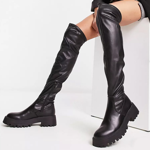 Pull&Bear faux leather knee high chunky boot in black