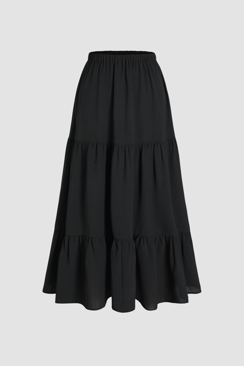 Solid Elastic Waist Ruffle Hem Midi Skirt