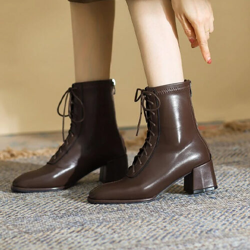 Zip Back Square Toe Lace-up Front Chunky Heeled Classic Boots