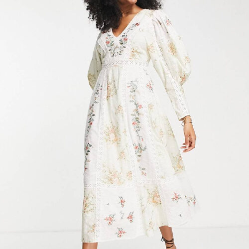 printed v front embroidered midi dress with lace