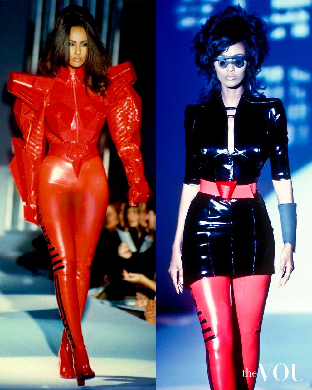 Models wearing Military style Cyberpunk outfits in Thierry Mugler Spring/Summer 1991 fashion collection.