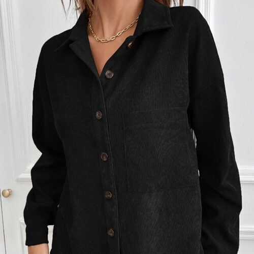 Button Up Style Corduroy Shirt in Solid Black.