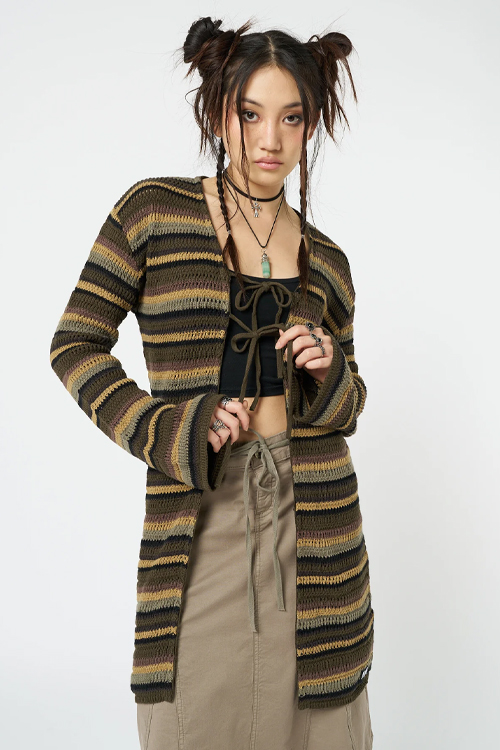 LUNA TIE FRONT KNIT CARDIGAN in FOREST STRIPES