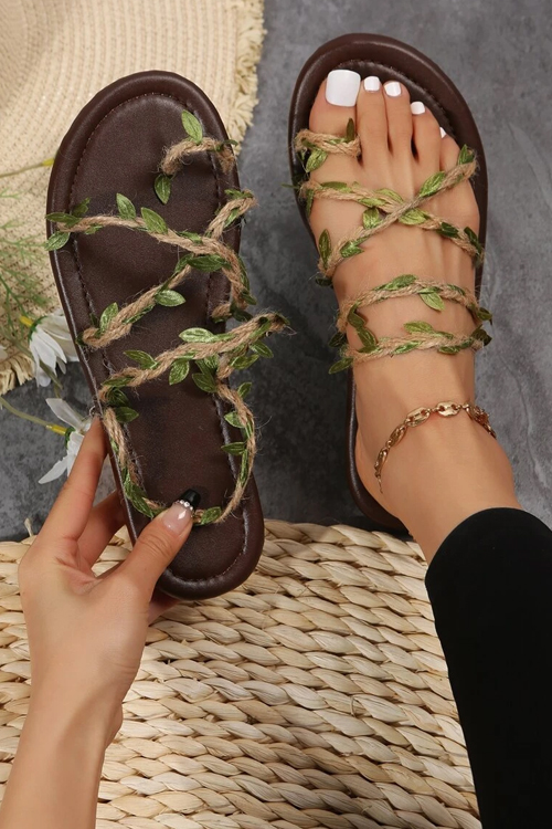 Leaf Decoration Braid Detail Thong Sandals