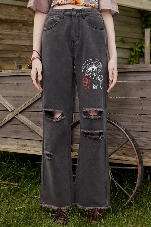 Fairycore Mushroom Print Ripped Jeans