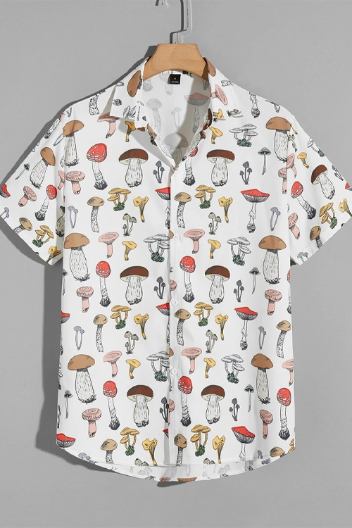 ROMWE Guys Mushroom Print Button Front Curved Hem Shirt