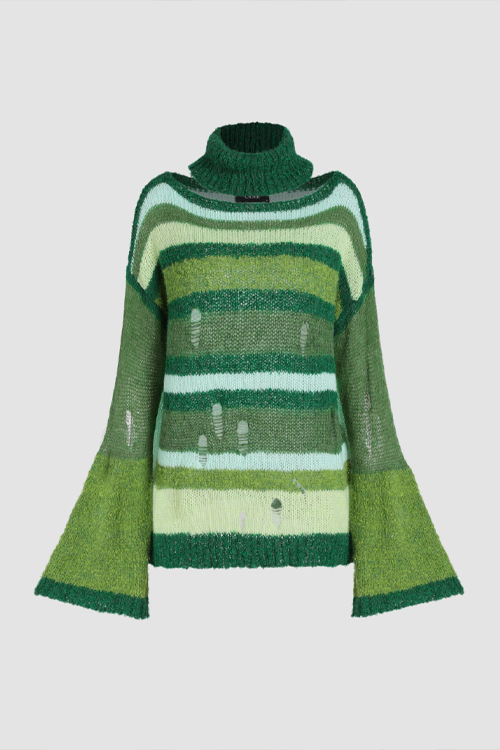 Ripped Stripe Turtleneck Bell Sleeve Sweater