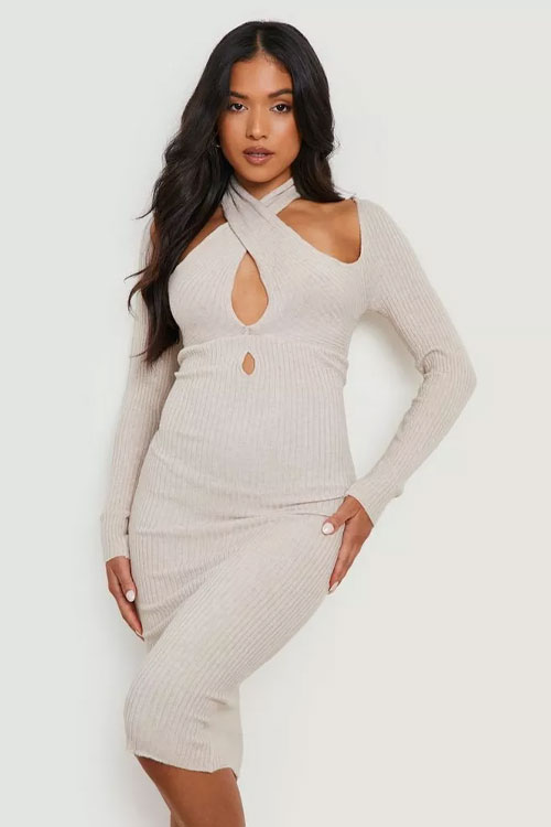 PETITE TIE FRONT KNITTED MIDI DRESS