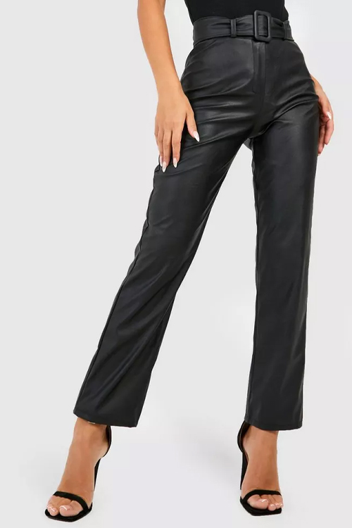 BUCKLE BELTED LEATHER LOOK STRAIGHT FIT TROUSERS