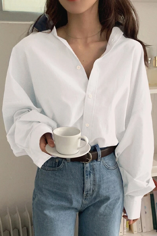 Women's White Button Up Drop Shoulder Oversized Shirt