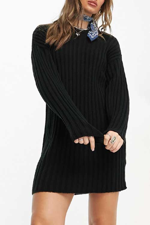 ASOS DESIGN knitted mini sweater dress in rib in black