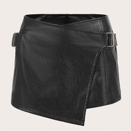 Buckle Detail Asymmetrical Hem PU Leather Skirt