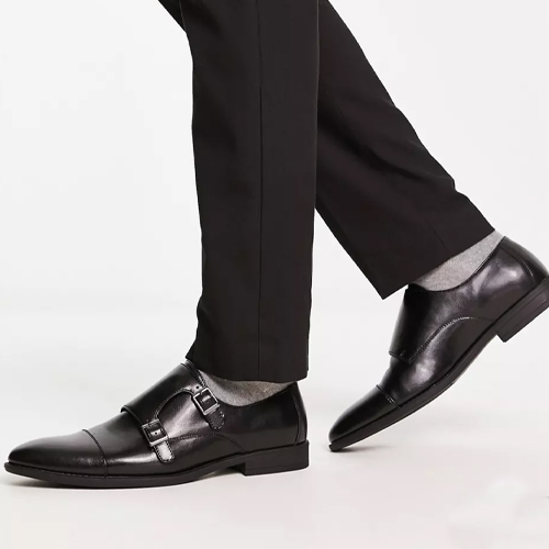 monk shoes in black faux leather with emboss panel