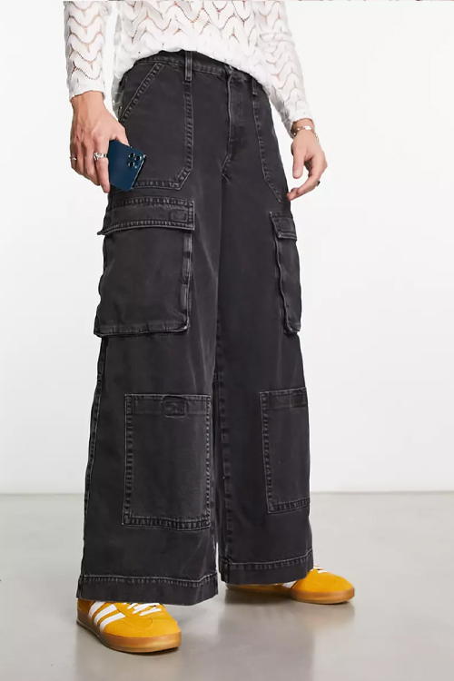 extreme wide leg cargo jeans in washed black